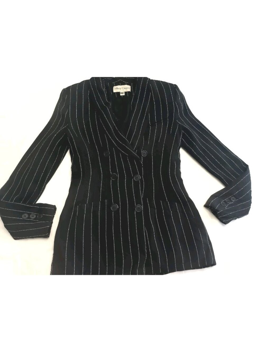 Hilary Charles Women’s Black Pinstripe Double Breasted Blazer Size 2 Made in USA